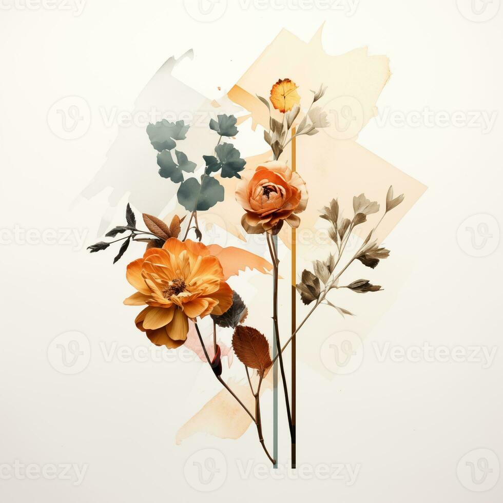 Minimalistic bouquet of flowers on a white background in vintage collage style. Postcard, poster, banner photo