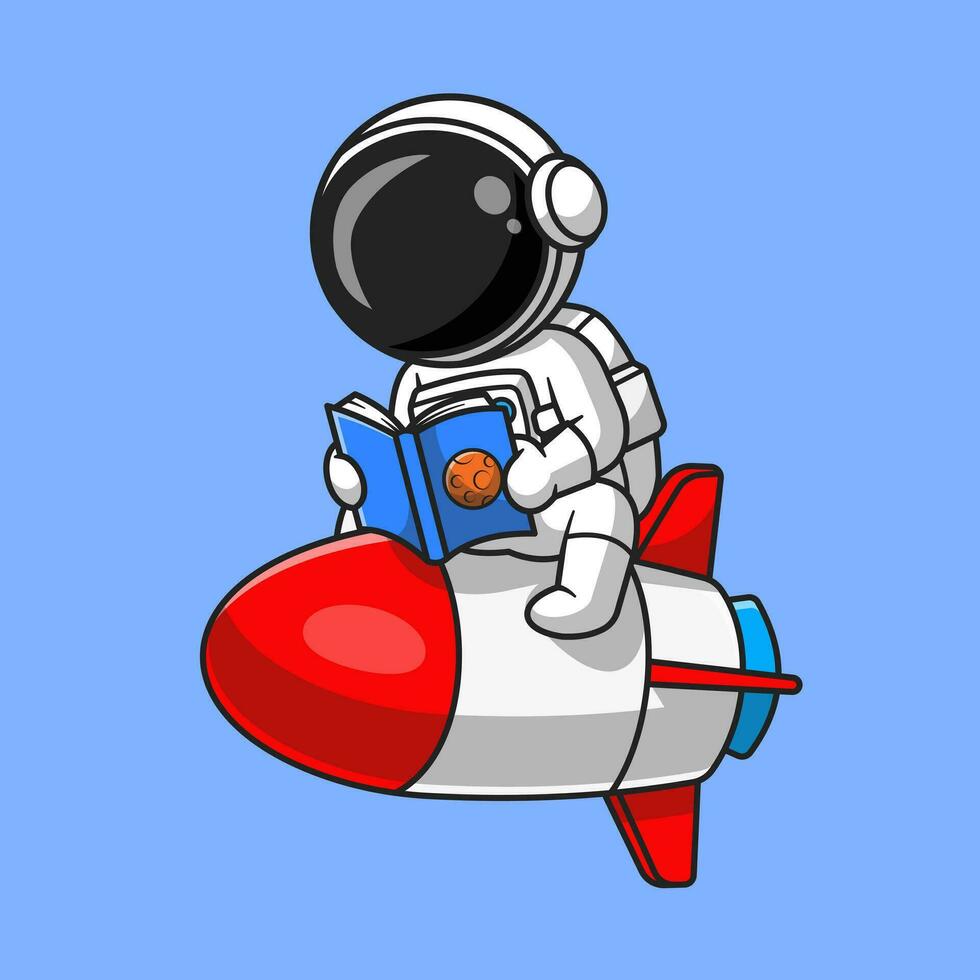 Cute Astronaut Reading Book on Rocket Cartoon Vector Icon Illustration. Technology Education Icon Concept Isolated Premium Vector. Flat Cartoon Style