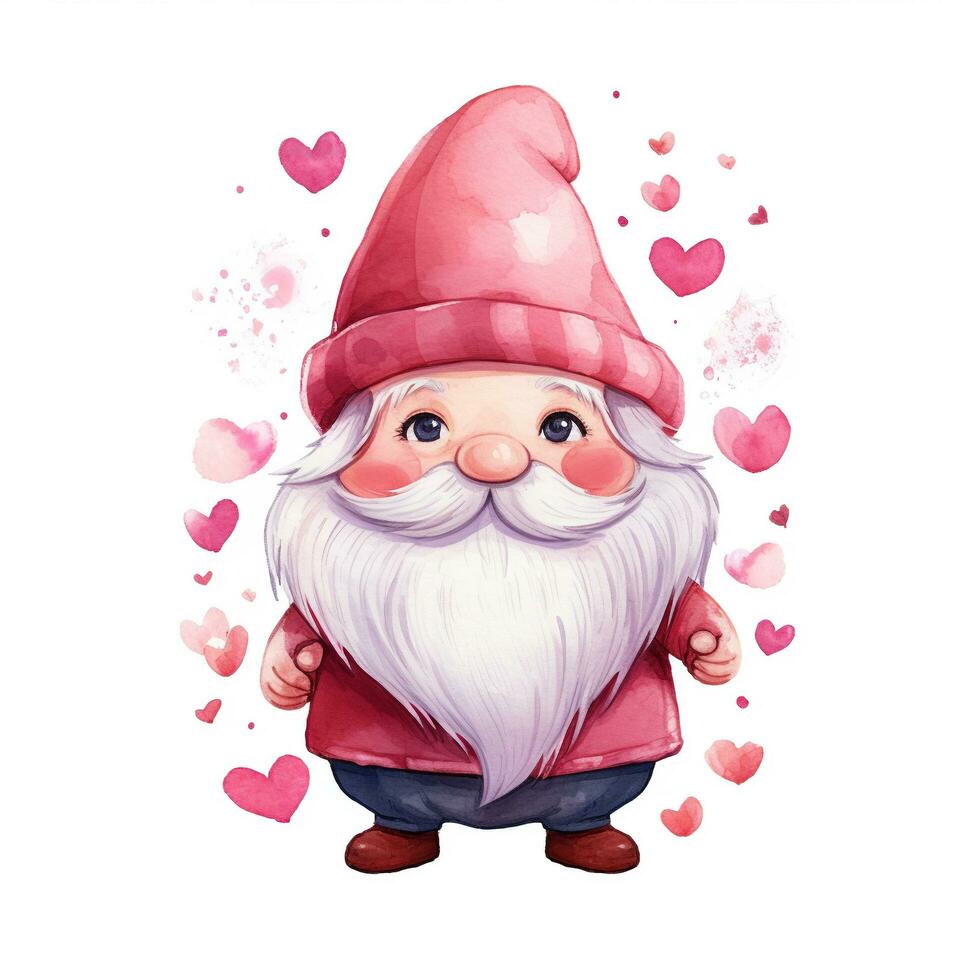 Watercolor valentines gnome with hearts, cute illustration on white background photo