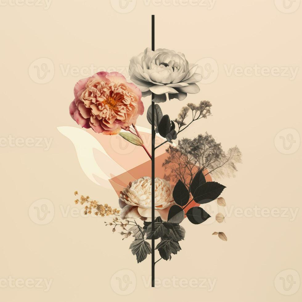 Floral vintage collage. Design of cards, posters, banners in retro style. Creative art photo