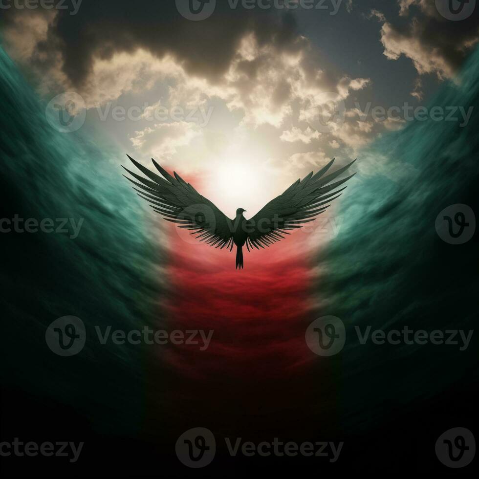 Poster, illustration on theme of the Palestinian conflict. Palestine flag, freedom, independence, war. Created by AI photo