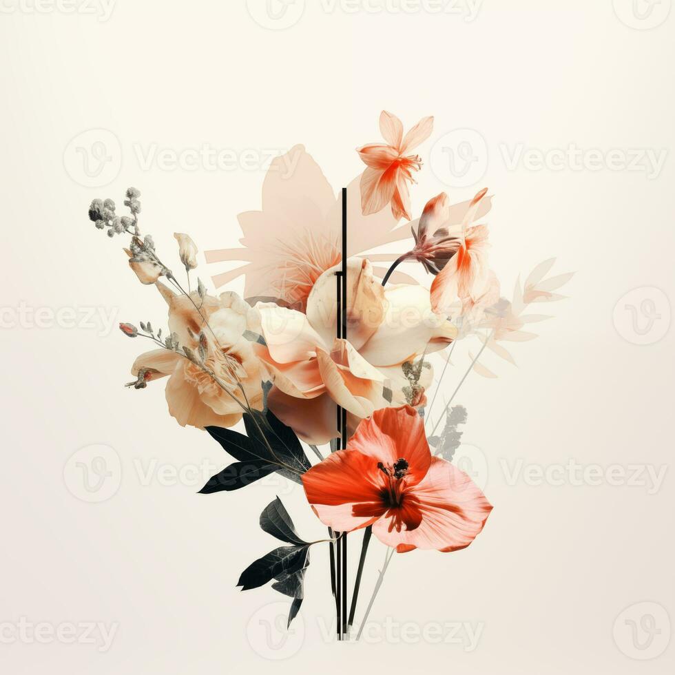 Minimalistic bouquet of flowers on a white background in vintage collage style. Postcard, poster, banner photo