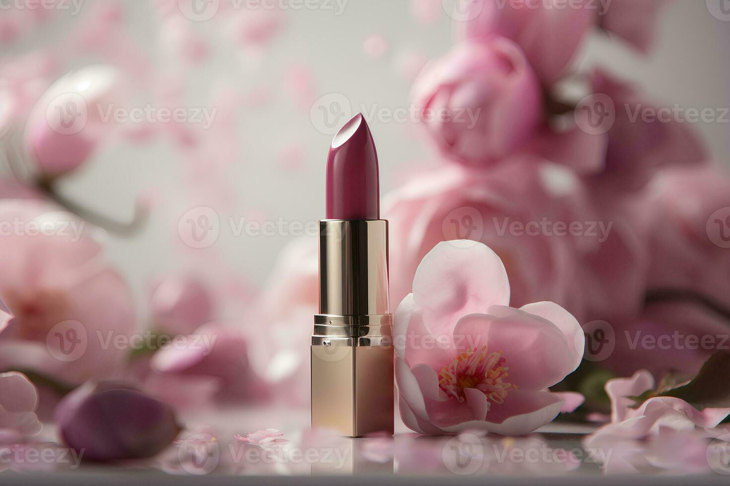 Pink lipstick in blooming  flowers, cosmetic and make-up product, photorealistic image, commercial advertising. AI generative illustration. photo