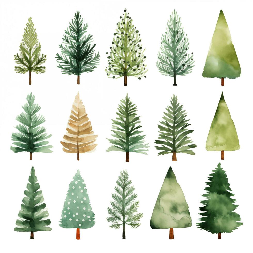 Watercolor set with fir trees, collection of green trees photo