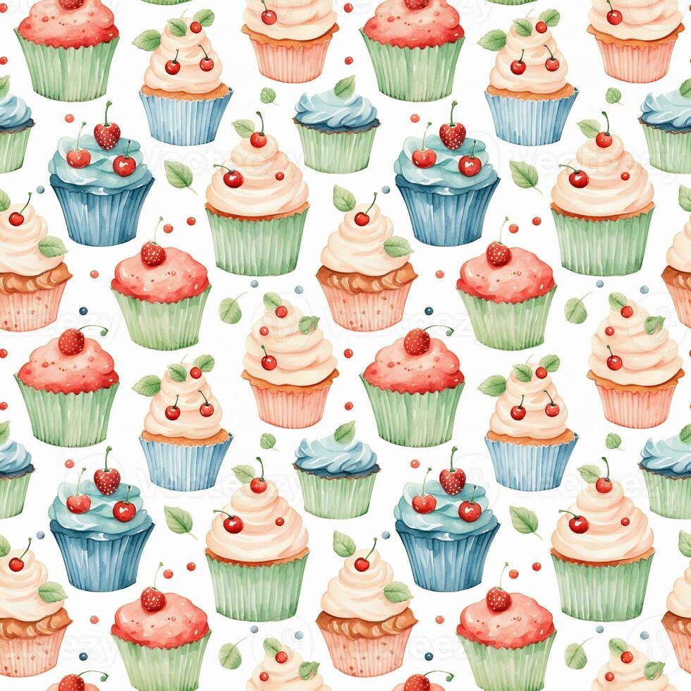 Cute watercolor cupcakes, seamless pattern, appetizing print, food, dessert, sweets, cake photo