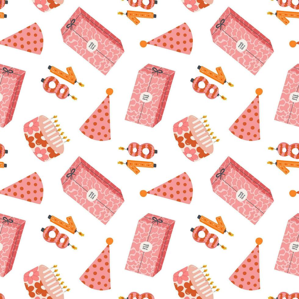 Seamless pattern with birthday cake, number candle, gift box, party hat in cute doodle style. Design with holiday clipart for wrapping paper, print, fabric, scrapbook. Bright festive background. vector