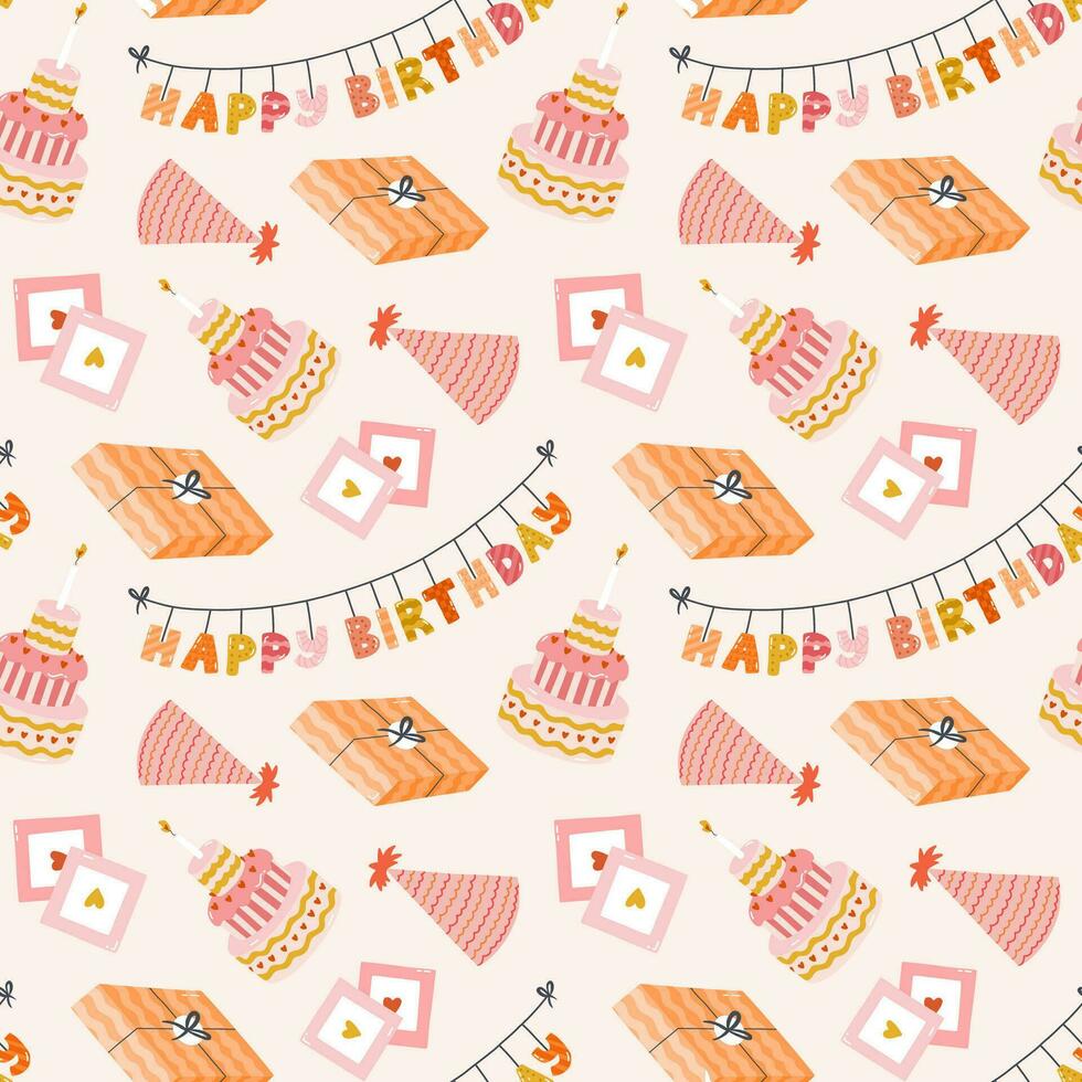 Seamless pattern with birthday garland, cake, party hat, retro photo in cute doodle style. Childish design with holiday clipart for wrapping paper, print, fabric, scrapbook. Bright festive background vector