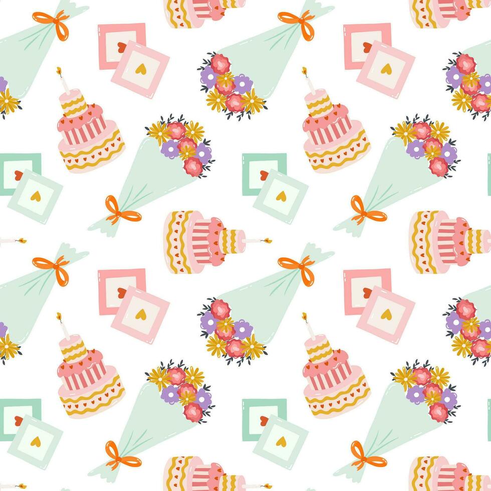 Seamless pattern with birthday cake, bouquet of flower, retro photo in cute doodle style. Childish design for wrapping paper, prints, festive fabric, scrapbook. Bright holiday background. vector