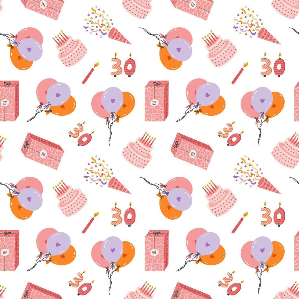 Seamless pattern with birthday cake, gift box, balloon, confetti, number candle in cute doodle style. Romantic design with holiday clipart for wrapping paper, print, fabric. Bright festive background vector