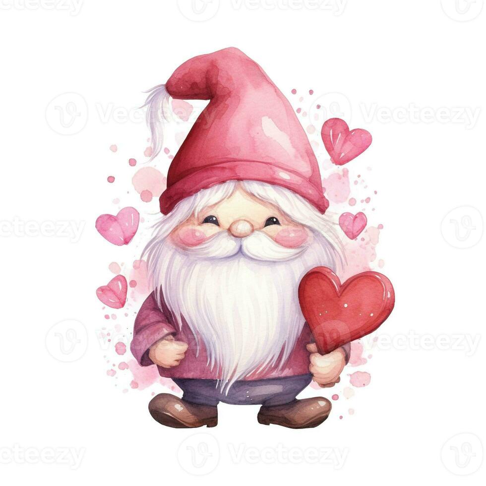 Watercolor valentines gnome with hearts, cute illustration on white background photo