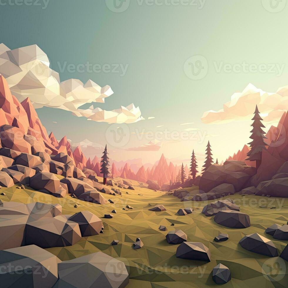 Landscape in polygonal geometric style, mountains, forest, nature photo