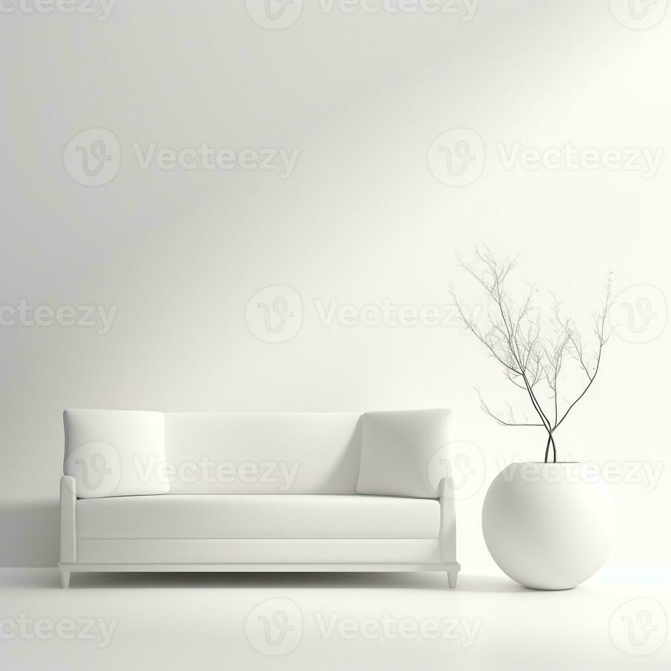 Empty white room, minimalist interior, sofa and flower. Free space for text, mockup, background photo