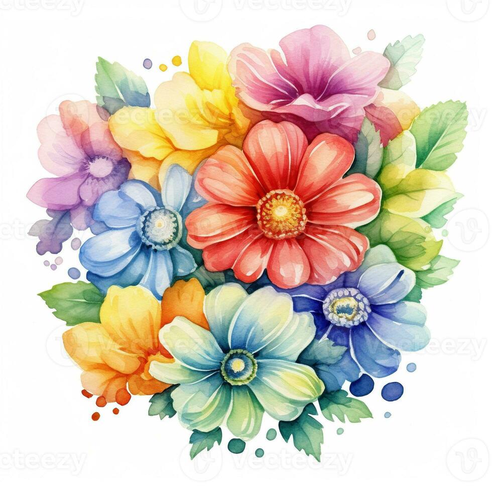 Watercolor flower bouquet, bright rainbow illustration on a white background photo