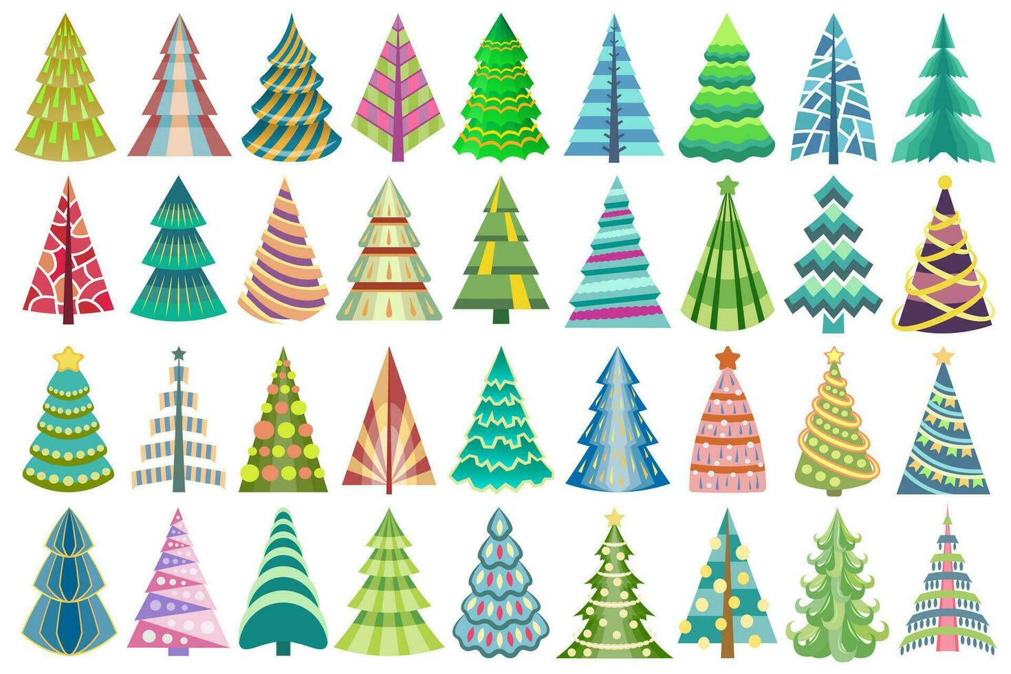 Abstract stylized decorative Christmas tree set. Colorful, decorated