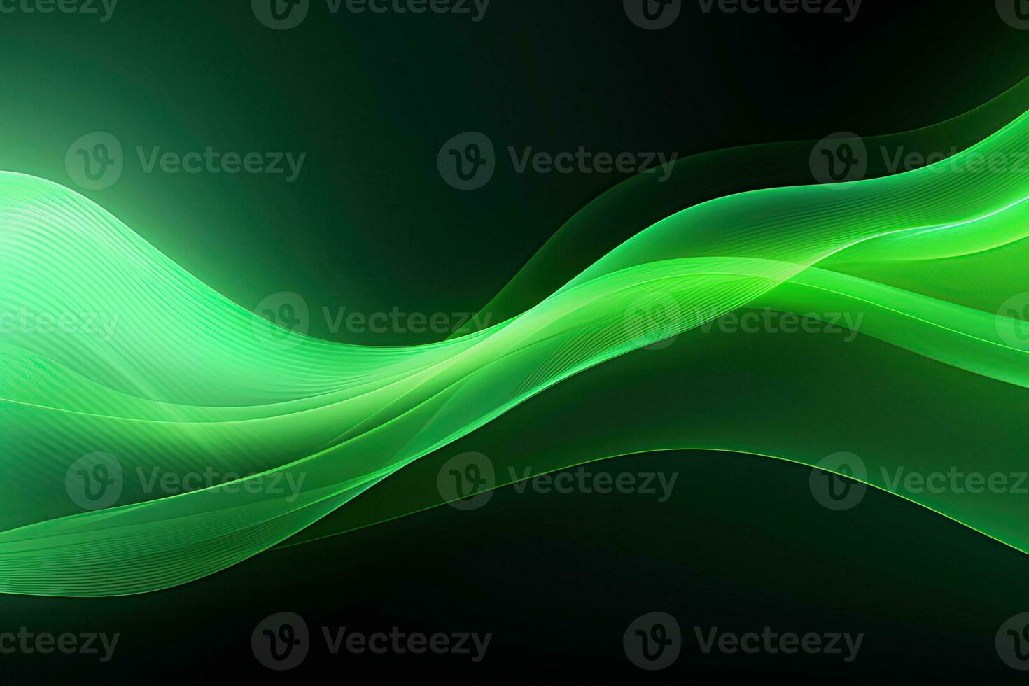 Dark abstract neon background, bright green waves photo