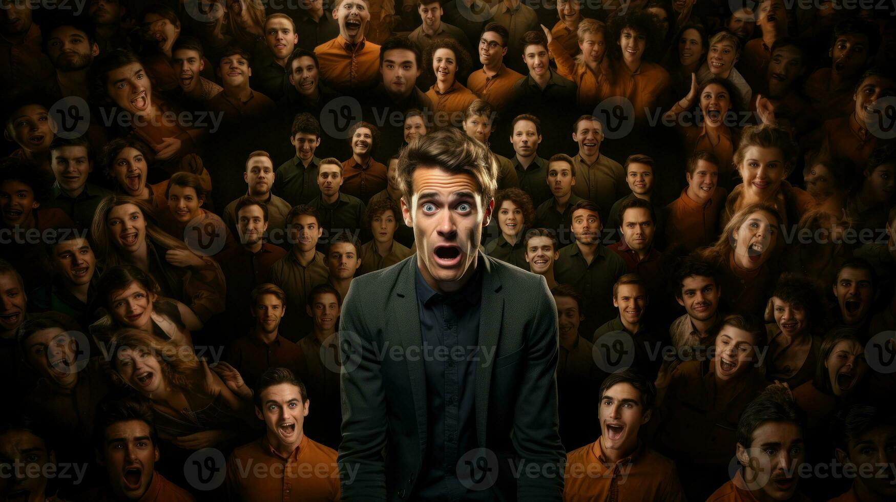 Collage of a man with shocked facial expressionin front of a crowd of people with different emotions. I'm afraid, fright and scared. photo