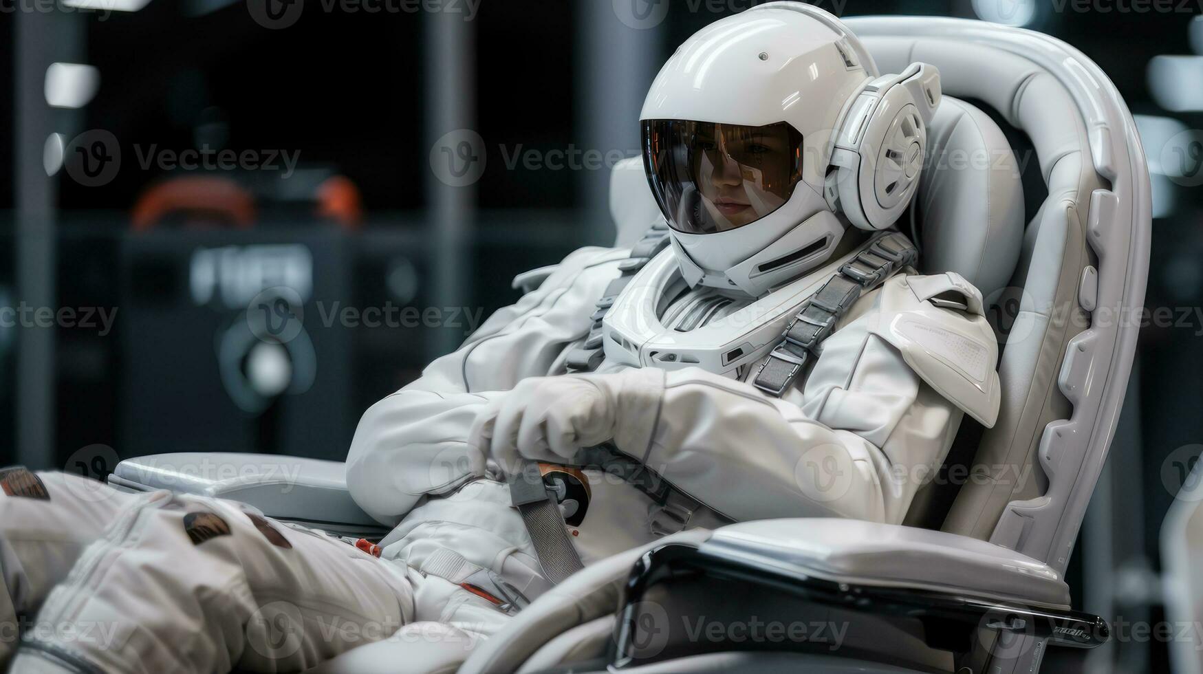 Astronaut explorer woman in space suit and helmet sitting on a white chair. photo