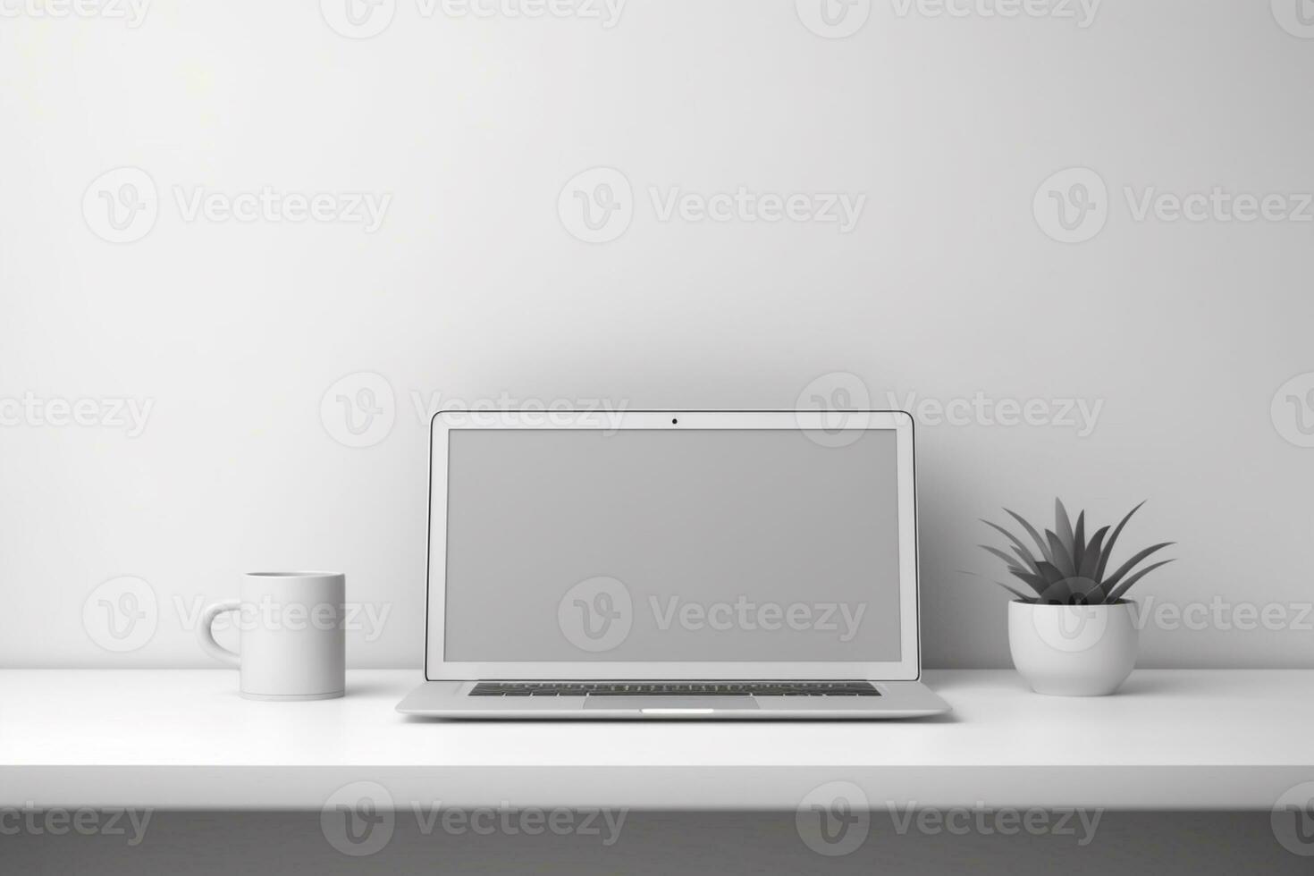 3d rendered white office table chair and blank empty laptop mockup modern interior ai generative photo