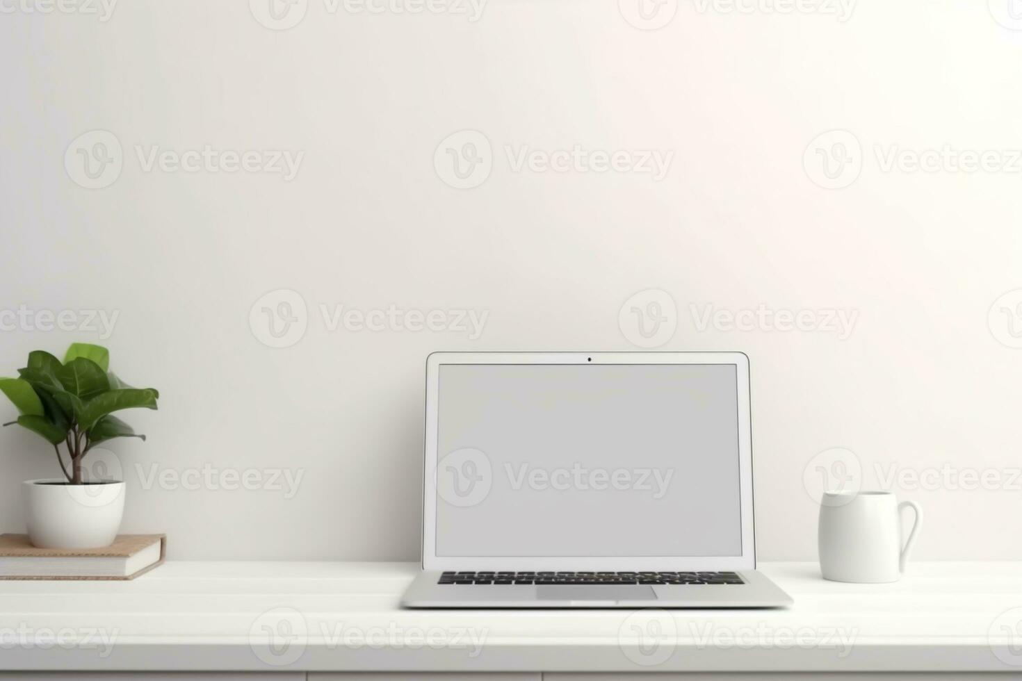 laptop on white desk with plant and coffee mug ai generative photo