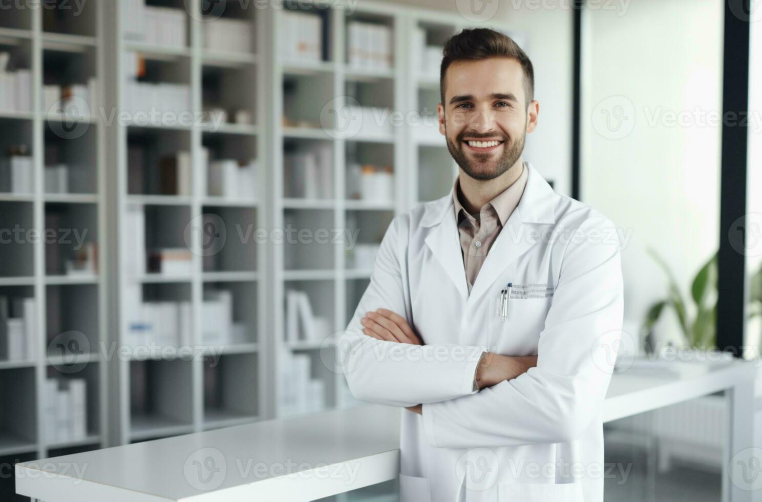 retrato de hermoso hombres médico trabajando en moderno hospital ai generativo foto