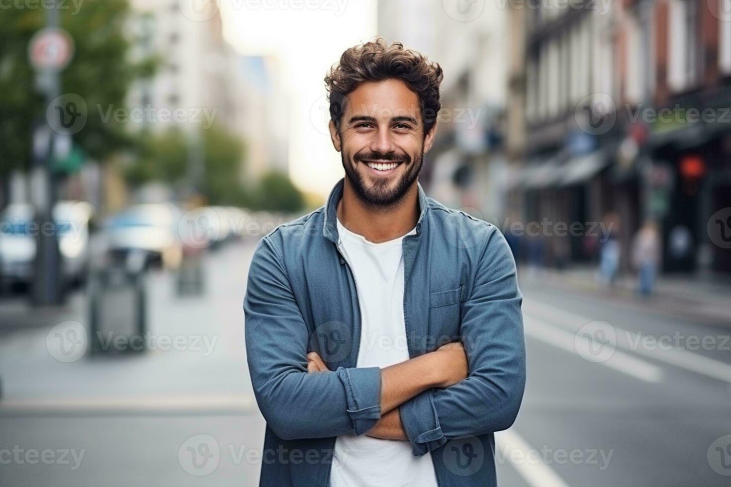 A man looking at camera arm crossed in the street ai generative photo