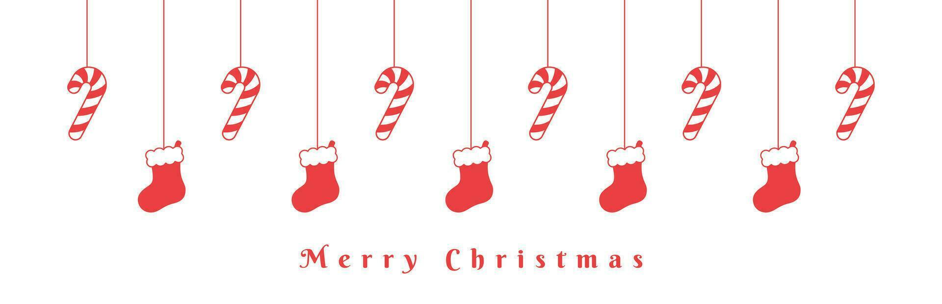 Merry Christmas Border Banner, Hanging Santa Stocking and Candy Cane Garland. Winter Holiday Season Header Decoration. Web Banner Template. Vector illustration.