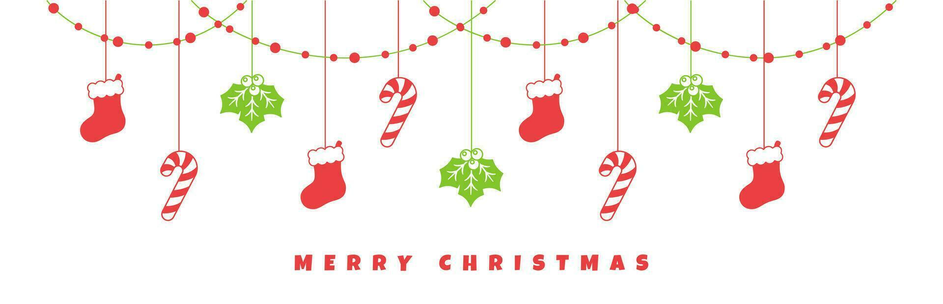 Merry Christmas Border Banner, Hanging Stocking, Mistletoe and Candy Cane Garland. Winter Holiday Season Header Decoration. Web Banner Template. Vector illustration.