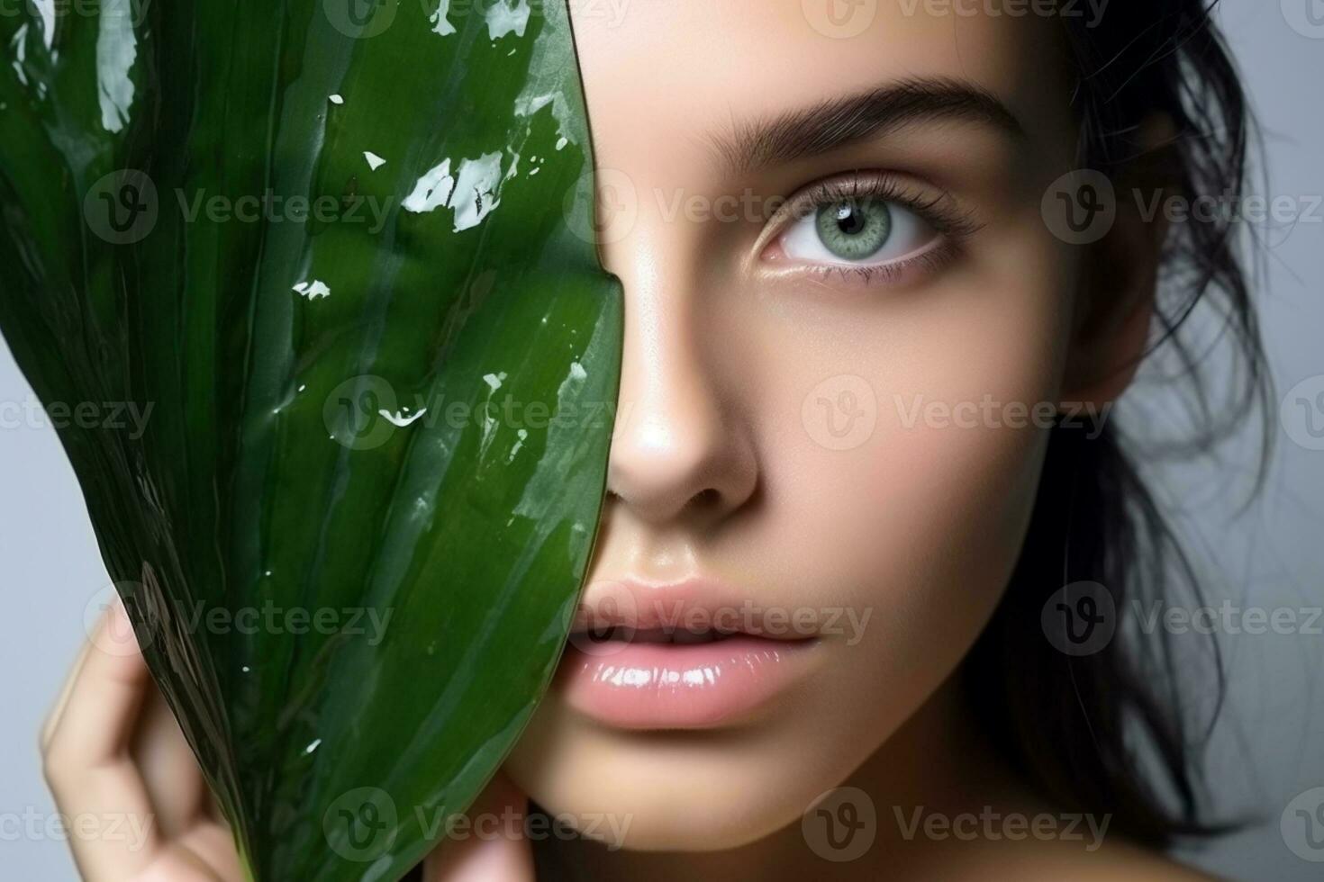 portrait of beautiful young woman on white studio background. concept of cosmetics with leave ai generative photo