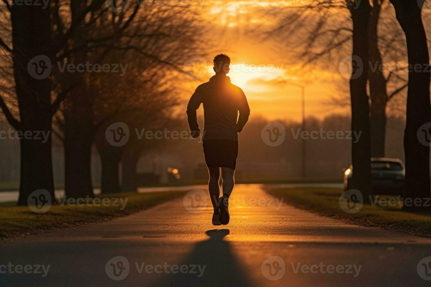 Silhouette of a young fitness man running on sunrise ai generative photo
