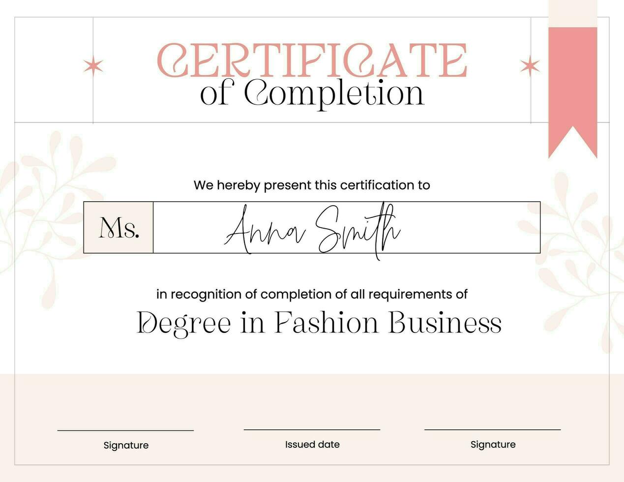 Pink Modern Minimalist for Fashion Business Degree Certificate template