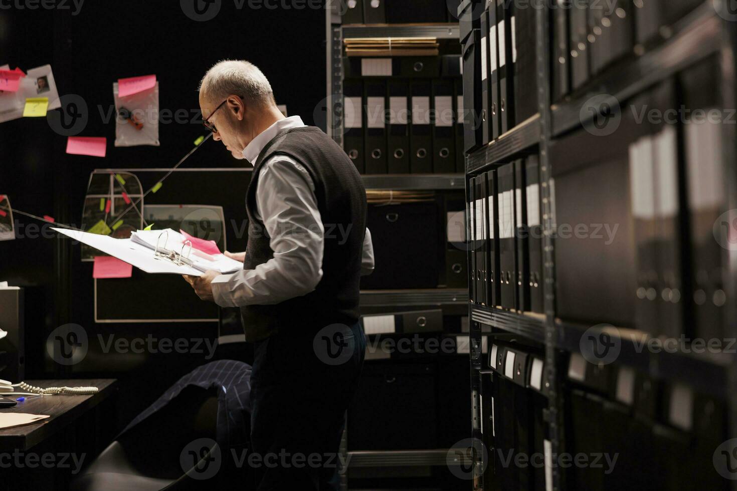 Elderly private detective working at mysterious criminal case, analyzing files with scene crime evidence, checking victim report. Police officer discovery potential suspect in arhive room photo