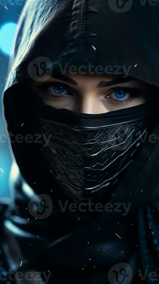 amazing futuristic ninja portrait with space for text, background image, vertical format, generative AI photo