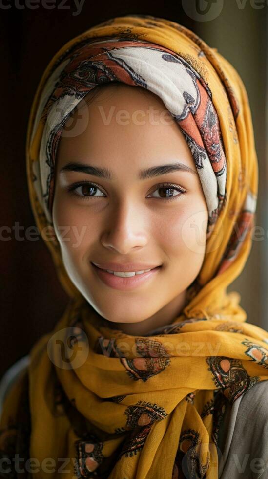 beautiful smiling indonesian female portrait with space for text on the side, background image, vertical format, generative AI photo