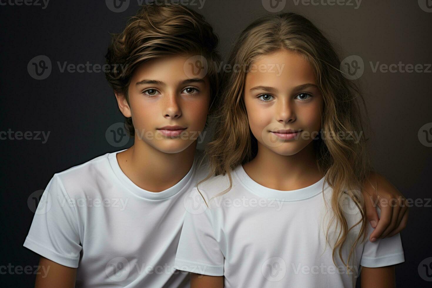 boy with girl in white shirt standing on a grey background ai generative photo