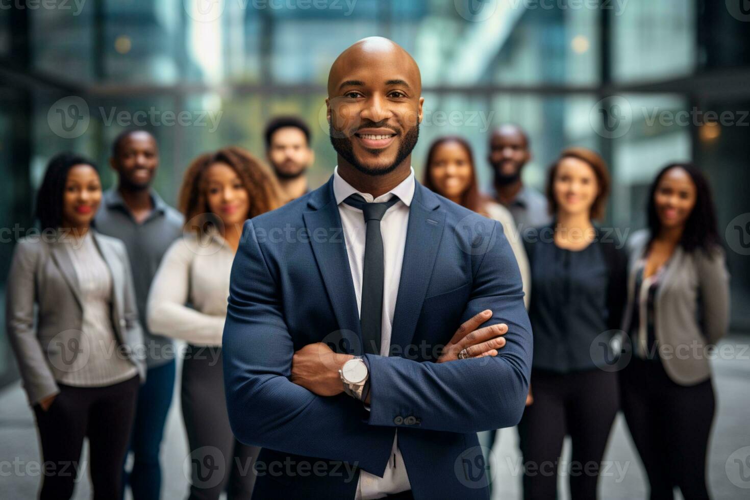 un africano empresario en un traje con y un grupo de personas en el antecedentes equipo líder concepto ai generativo foto