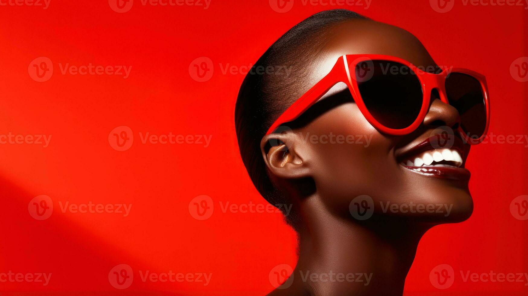 africano hermosa hembra modelo vistiendo miedoso elegante Gafas de sol, sonriente en rojo antecedentes con copyspace ai generado foto