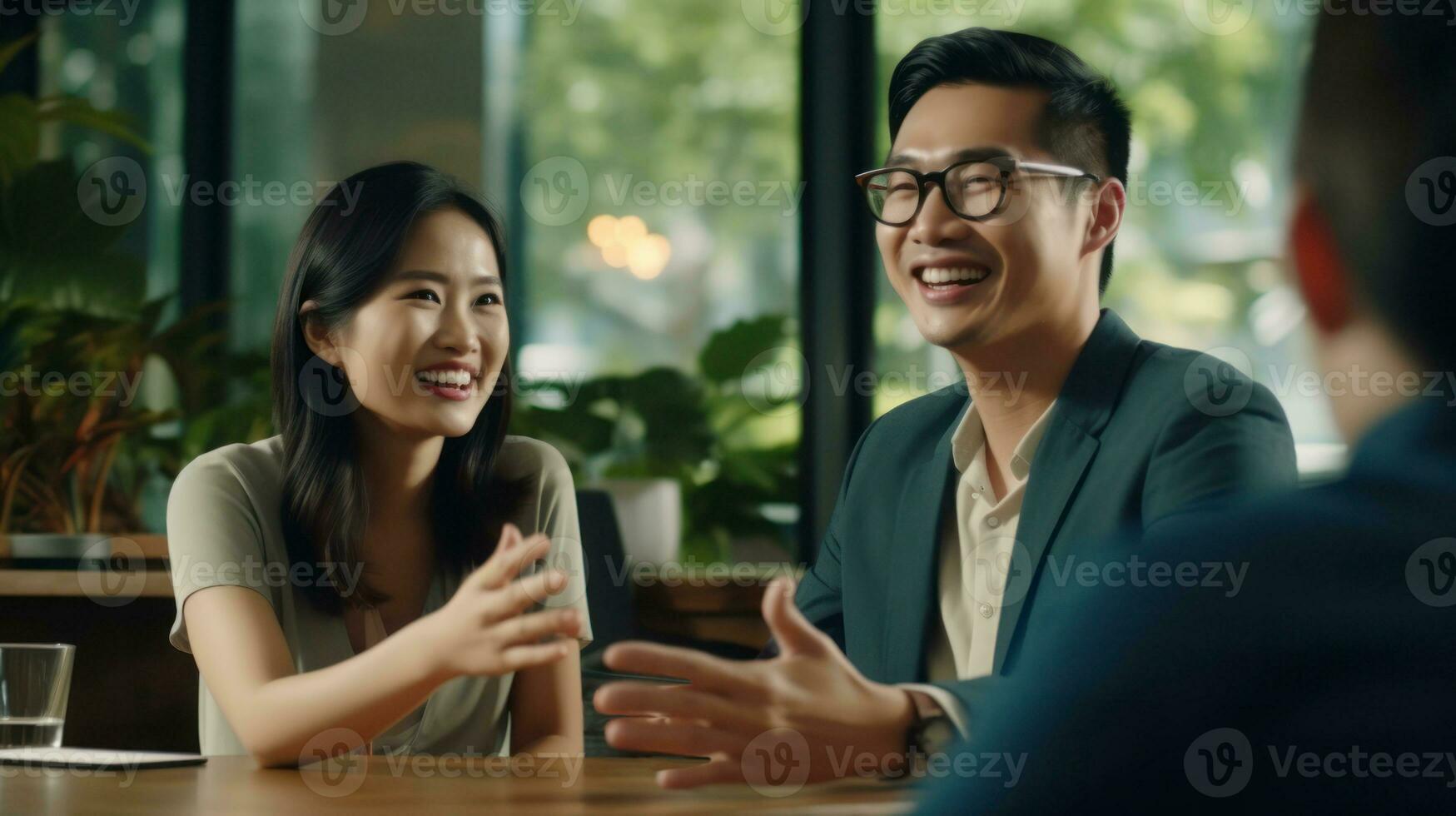 Asian young woman wearing glasses, smiling and waving at her friend AI Generated photo