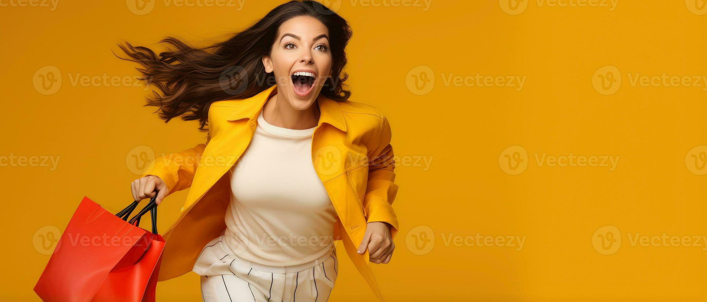 emocionado mujer corriendo con compras bolso en amarillo antecedentes ai generado foto