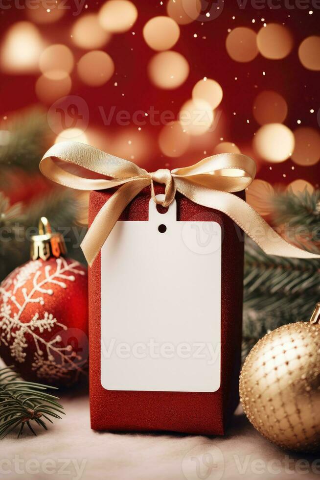 Christmas gift box with blank tag mockup and blur bokeh light AI Generated photo