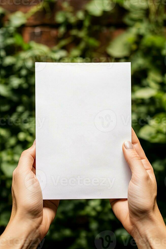 Vertical Mockup Card in Hands for invitation, Wedding, Card or Postcard Mockup AI Generated photo