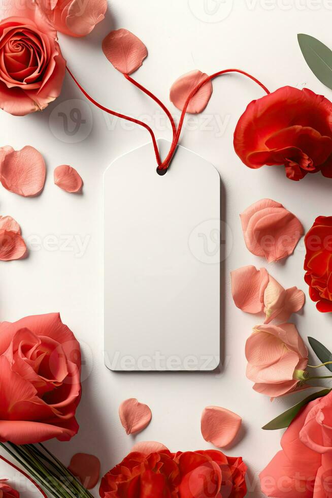 Modern blank valentine gift tag mockup with red rose leaves petals AI Generated photo