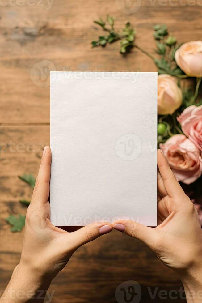 Vertical Mockup Card in Hands for invitation, Wedding, Card or Postcard Mockup AI Generated photo