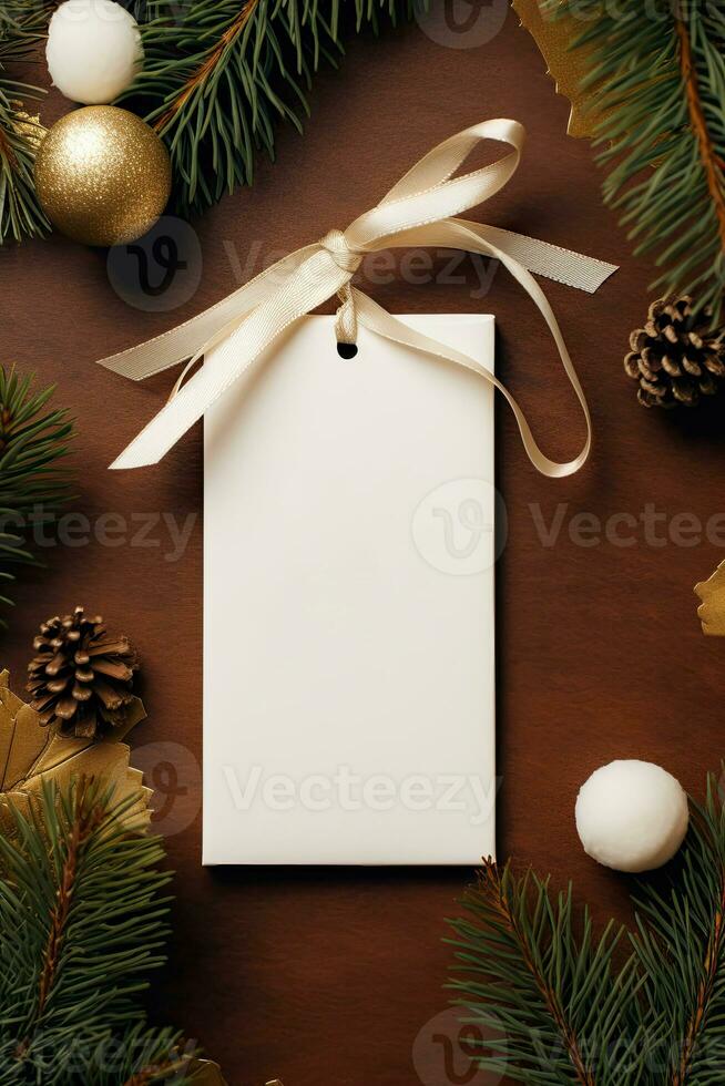 Modern Gift Tag for Christmas Holiday Mockup on brown background AI Generated photo