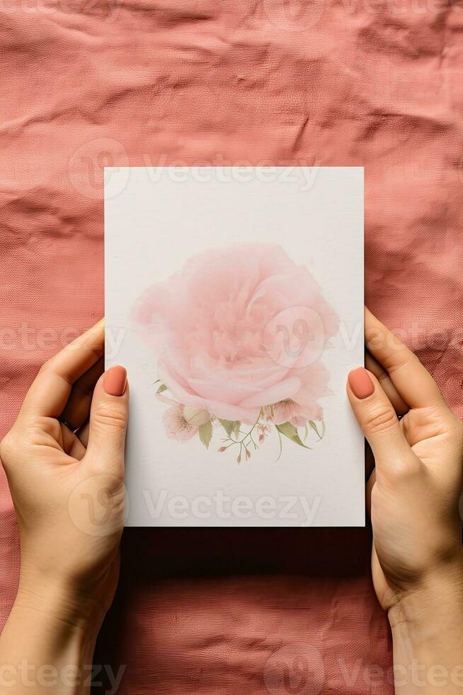 Vertical Mockup Card in Hands for invitation, Wedding, Card or Postcard Mockup AI Generated photo
