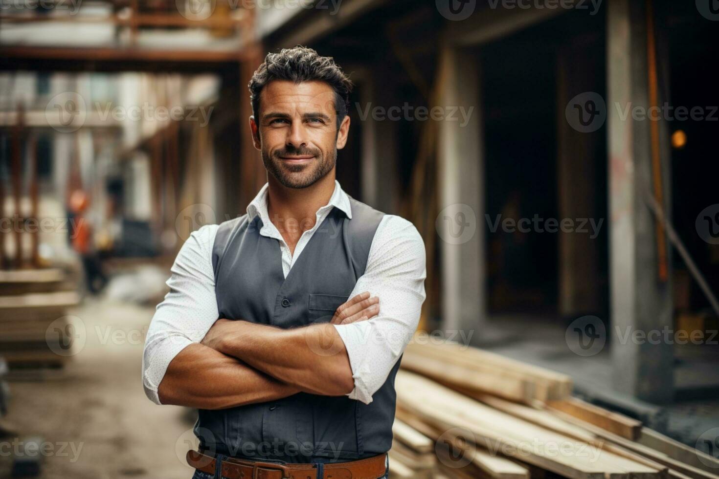 A cheerful worker in a warehouse surrounded by the clatter of machinery construction concept ai generative photo