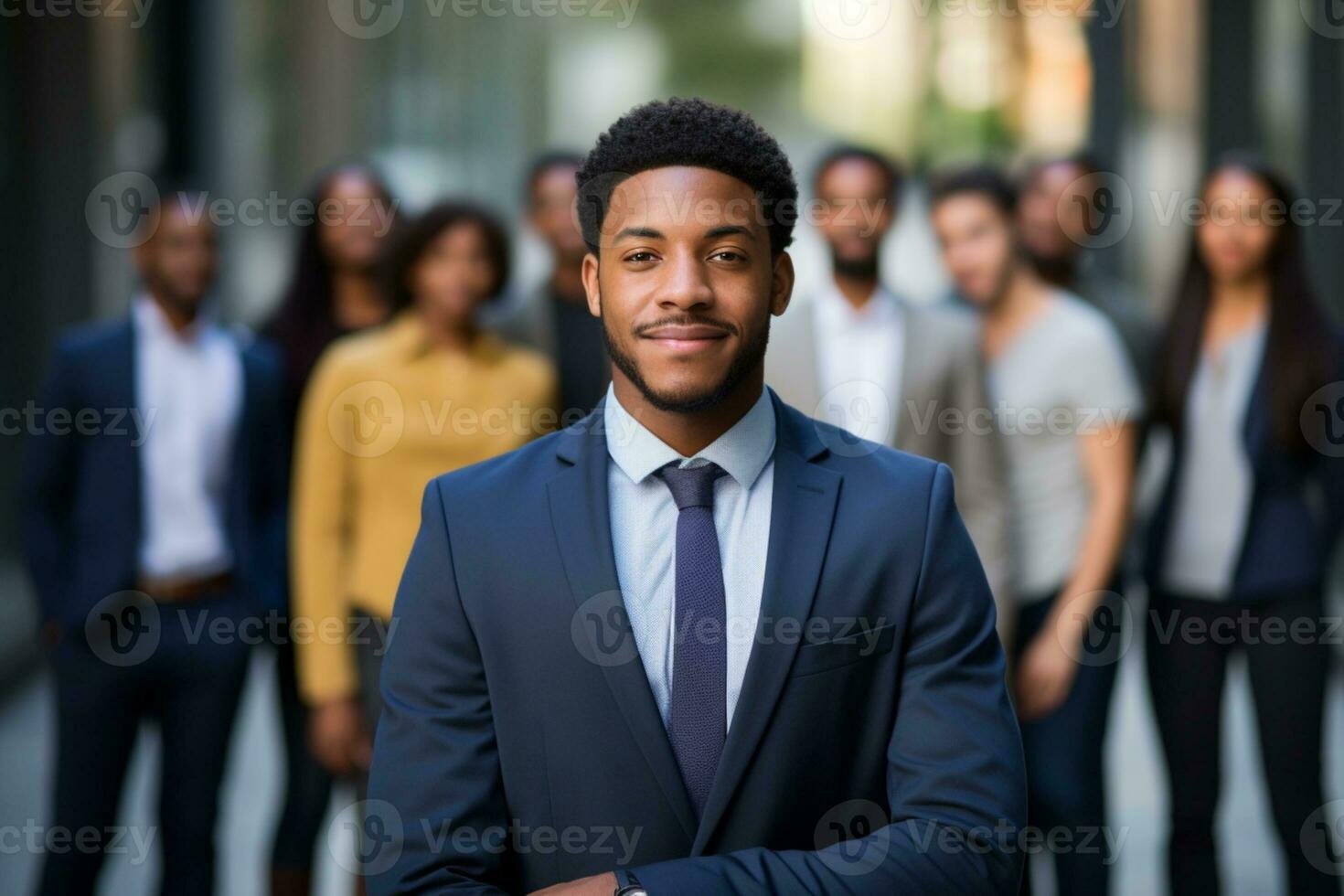 An African businessman in a suit with and a group of people in the background team leader concept ai generative photo
