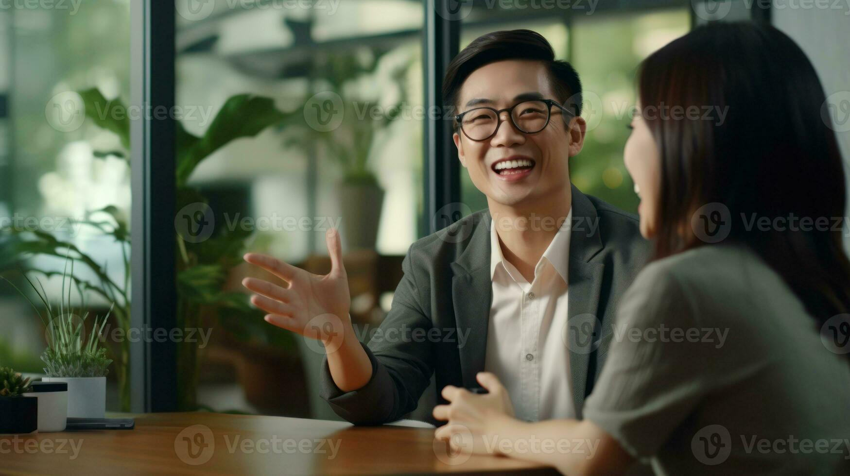 Asian businessman wearing glasses, smiling and waving at his colleague AI Generated photo