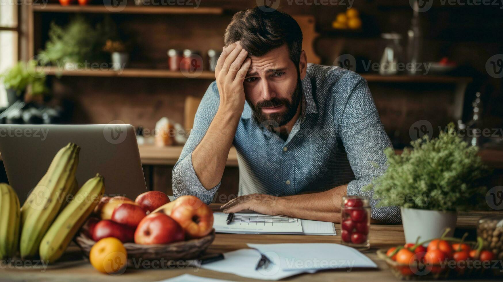 Man upset headache depressed from cost of living got higher from inflation of grocery price by supermarket AI Generated photo