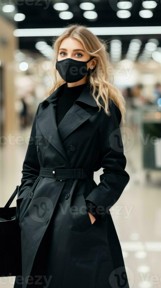 Woman in a medical protective face mask with black dress holding shopping bags in the mall, Coronavirus, Black Friday concept AI Generated photo