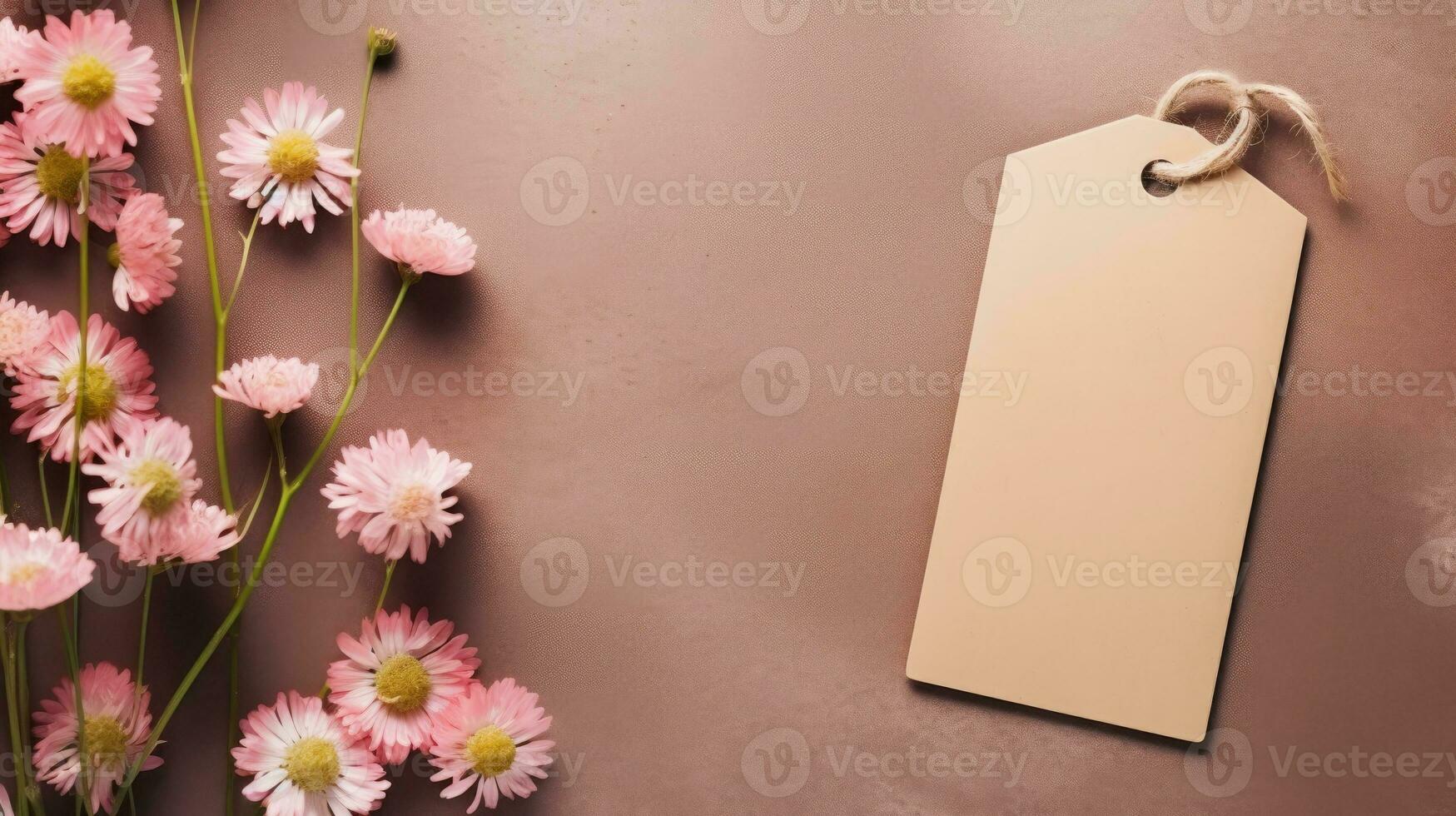 Rectangle blank brown paper card kraft label tag mockup with pink flower background AI Generated photo